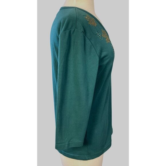 Teal Green Embellished Leaf Pattern 3/4 Sleeve Top Trilogy By Morning Sun M - Picture 3 of 8